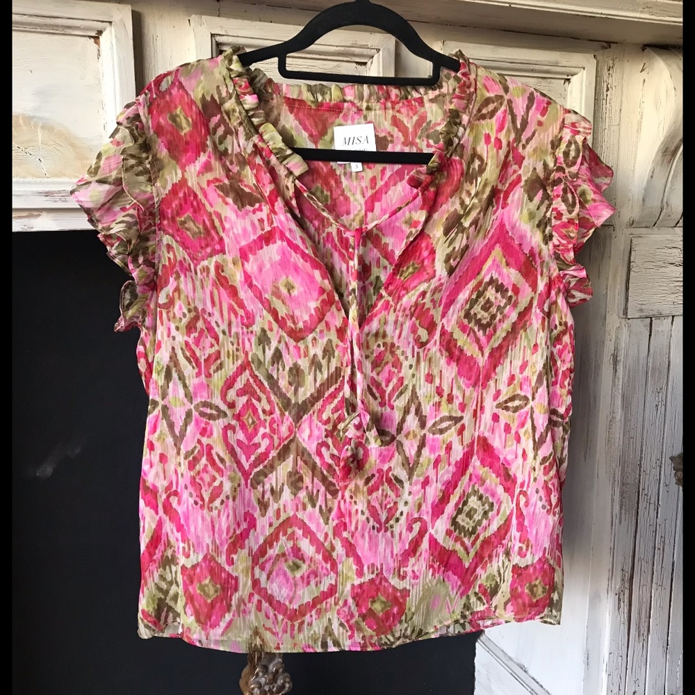 Feminine and Breezy MISA Flutter Sleeve Blouse with Rosette Finial Closures Sz S